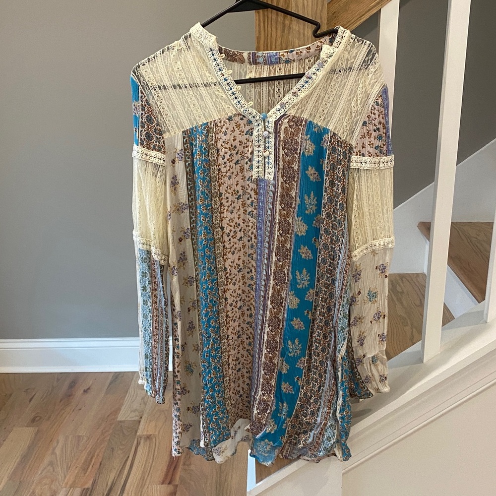 Boho Patchwork Midi Dress in Cream & Teal